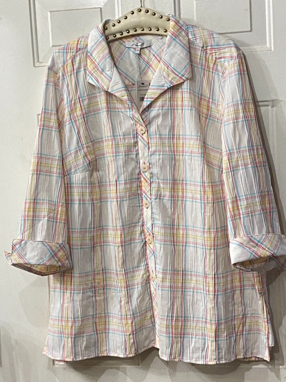 NWT Foxcroft Sz 22W Blouse Shirt 3/4 Sleeve White/Pink/Yellow Crinkle Plaid